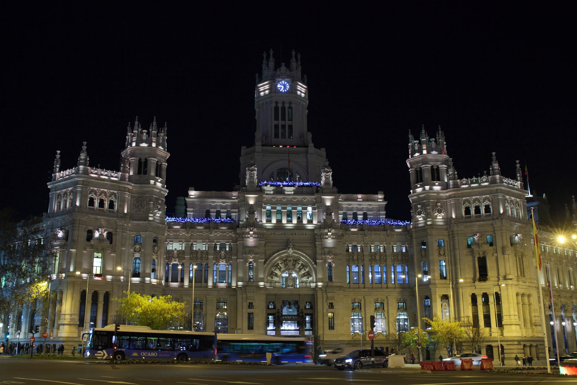 Palacio de Cibeles in Madrid lit up at night